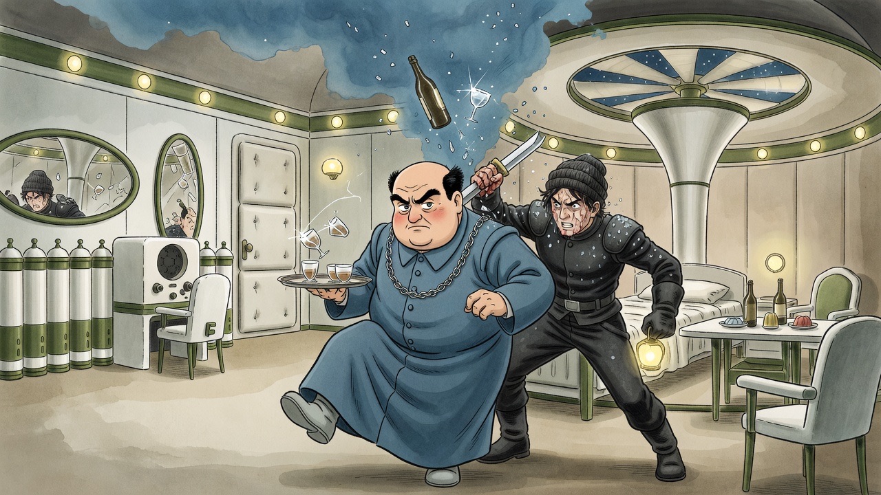 The heavy official topples forward as his tray tilts and the glasses fly.