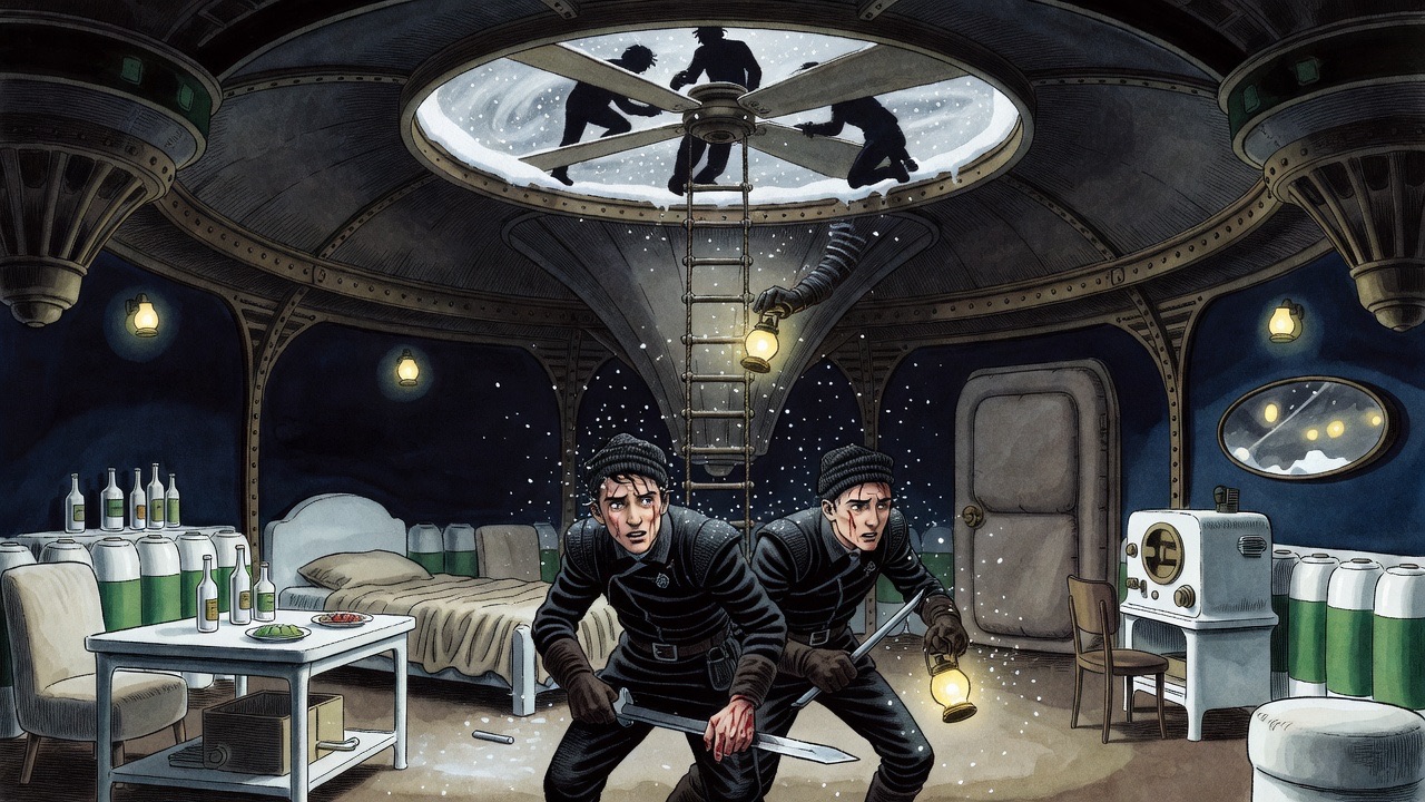 In darkness, dark figures kneel around a ceiling opening full of whirling snow as a ladder is lowered by lamp-light.