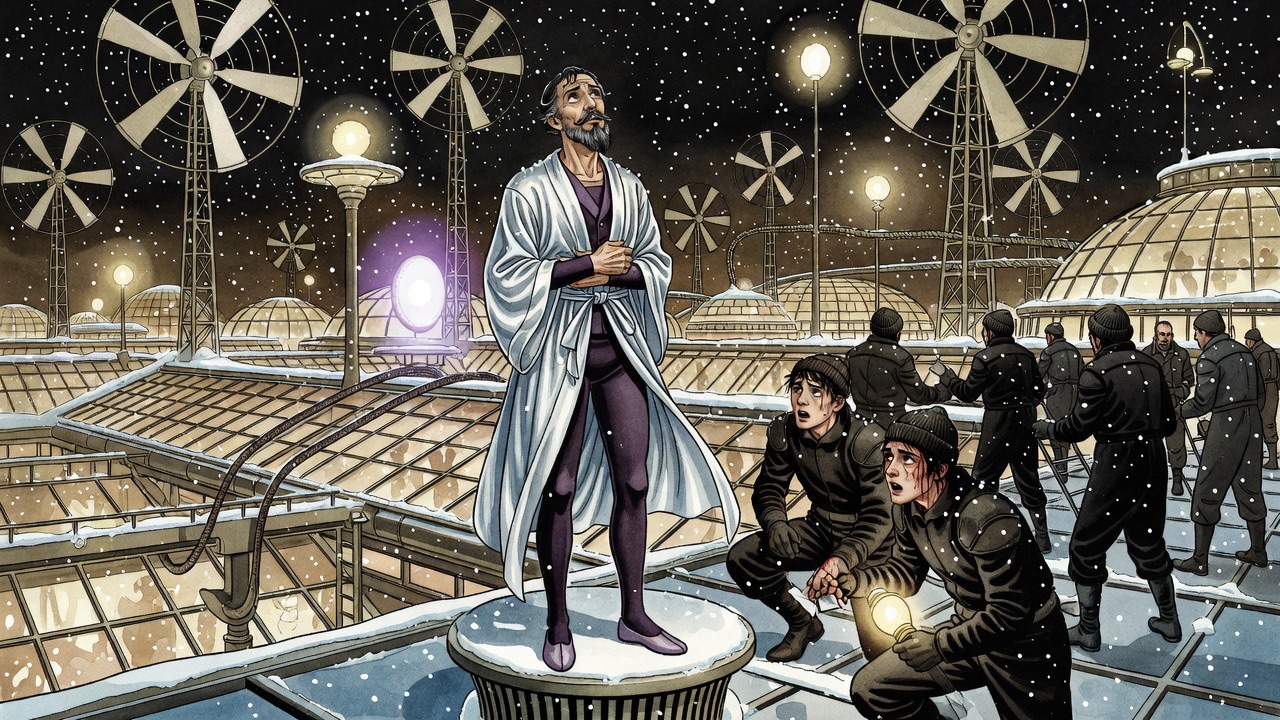 A bearded man emerges from a funnel onto a dark snowy roof among half a dozen men, lit by a violet flash.