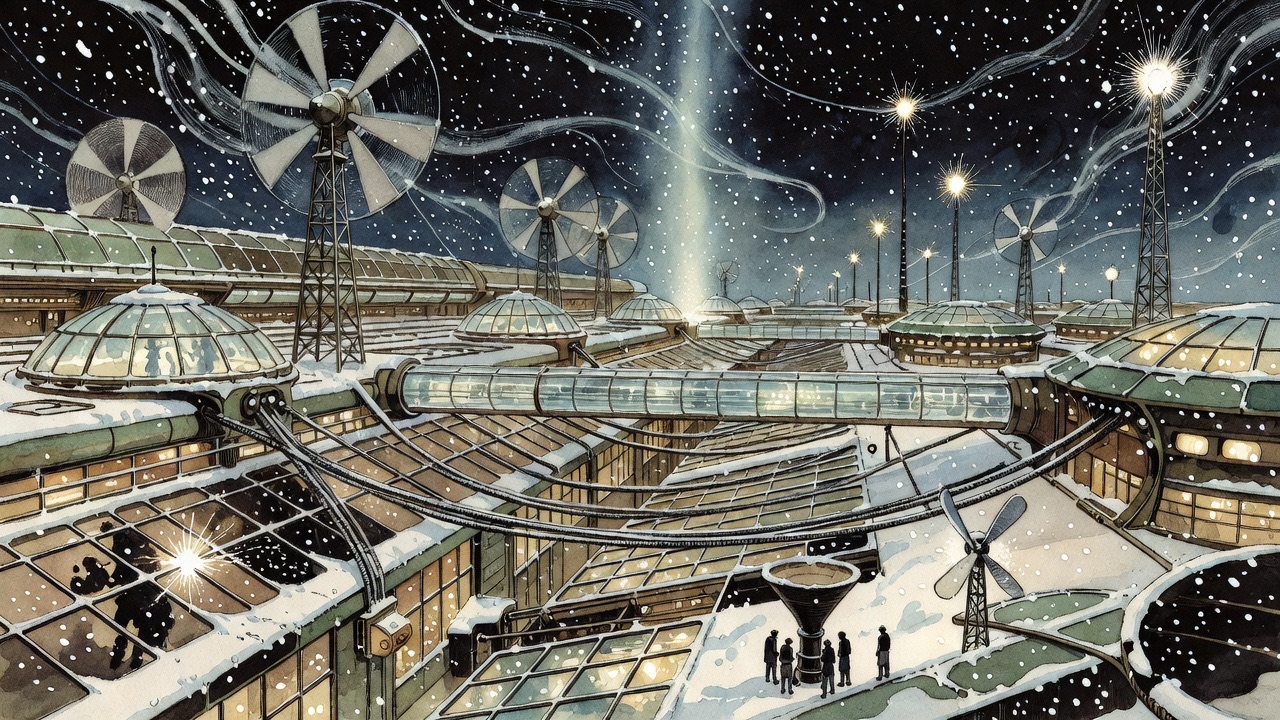 A vast, dark, snowy rooftop of cables and gigantic windmills stretches into the night, with light smiting up from below.