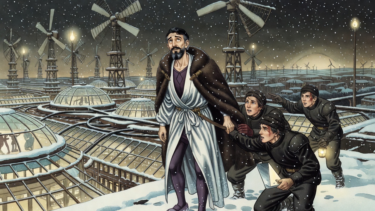 Hands throw a thick fur cloak around a shivering bearded man and buckle its straps.