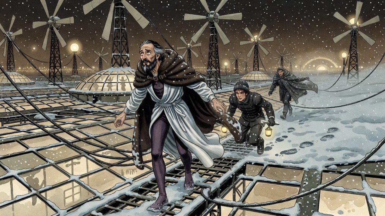 Two figures run along a narrow open metalwork pathway across the snowy roof, the others lost in the storm behind them.