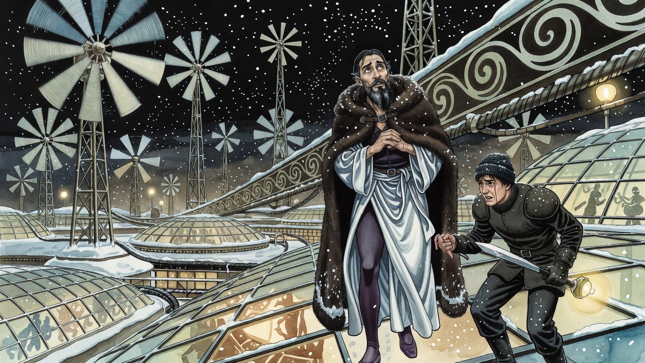 A guide and a cloaked man stoop under a roaring endless band that runs up to a windmill spinning high above.