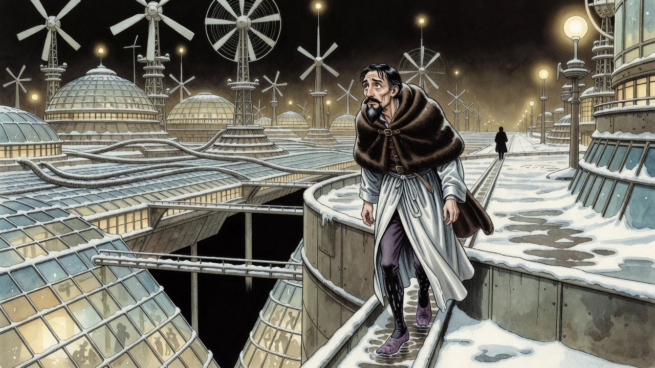 Ankle-deep in a snowy gutter, a cloaked man peers down over the side into a black narrow abyss.