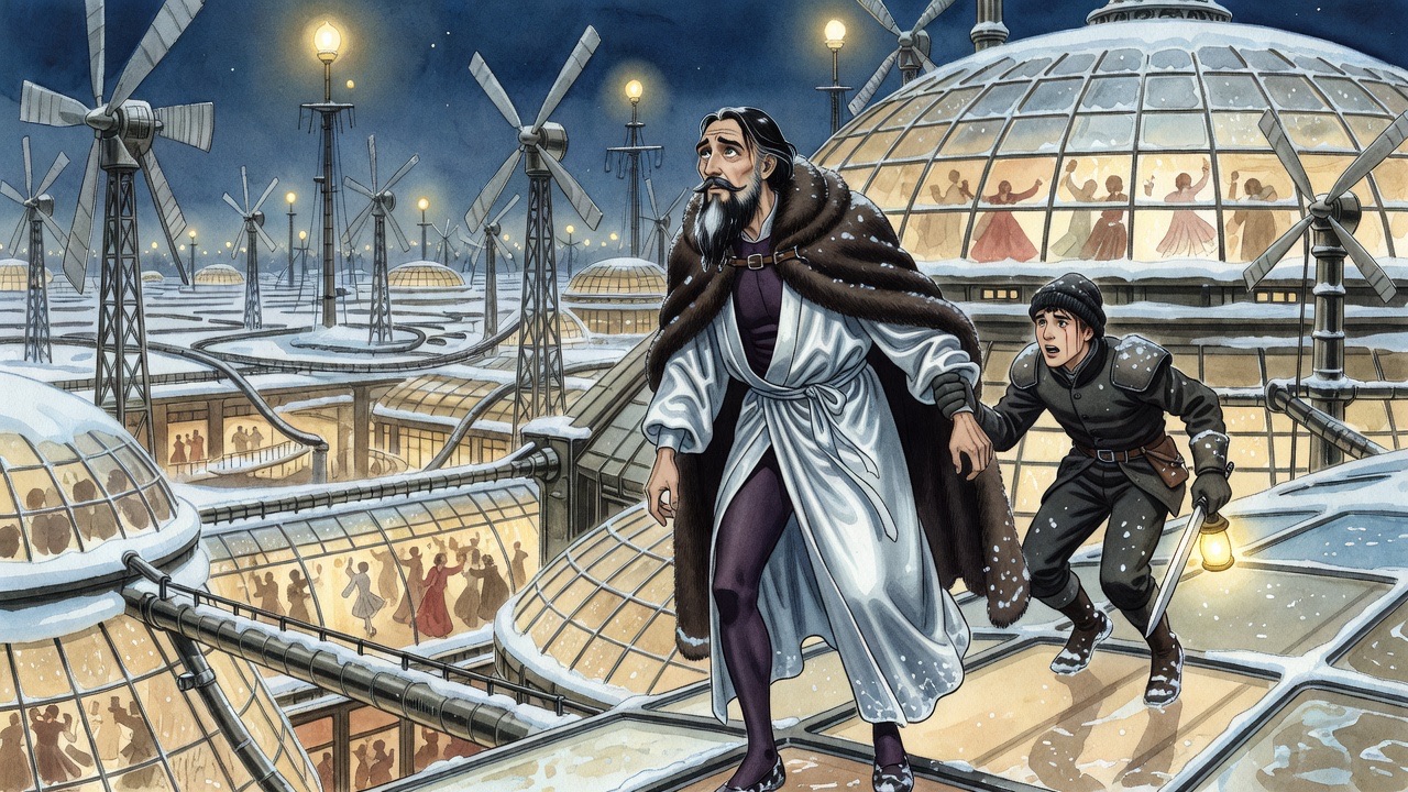 Two figures scramble round the rim of a huge glowing glass dome under which tiny people dance far below.
