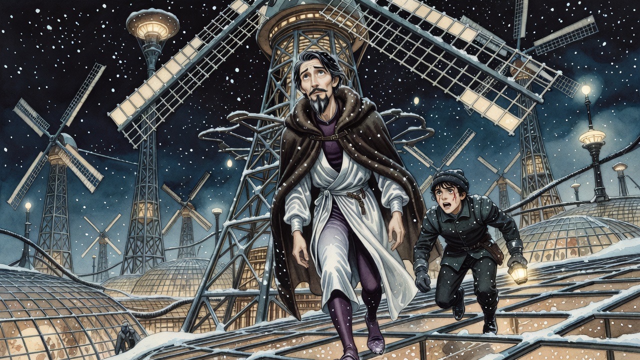 Two tiny figures hurry through the colossal lattice supports of an enormous windmill whose vanes vanish into the night.