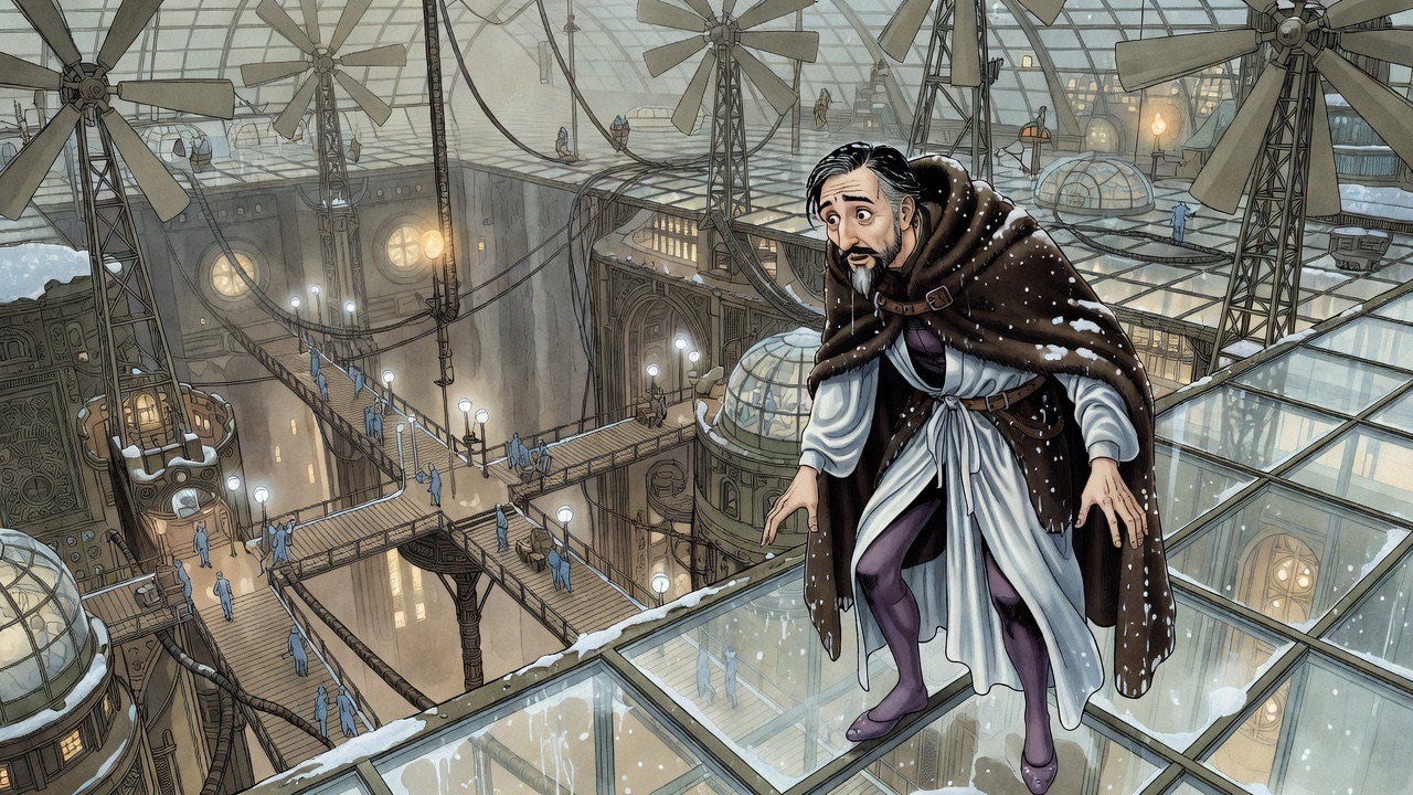A cloaked man lies spread-eagled on a clear glass roof, staring down in vertigo at a brightly lit city street far below.