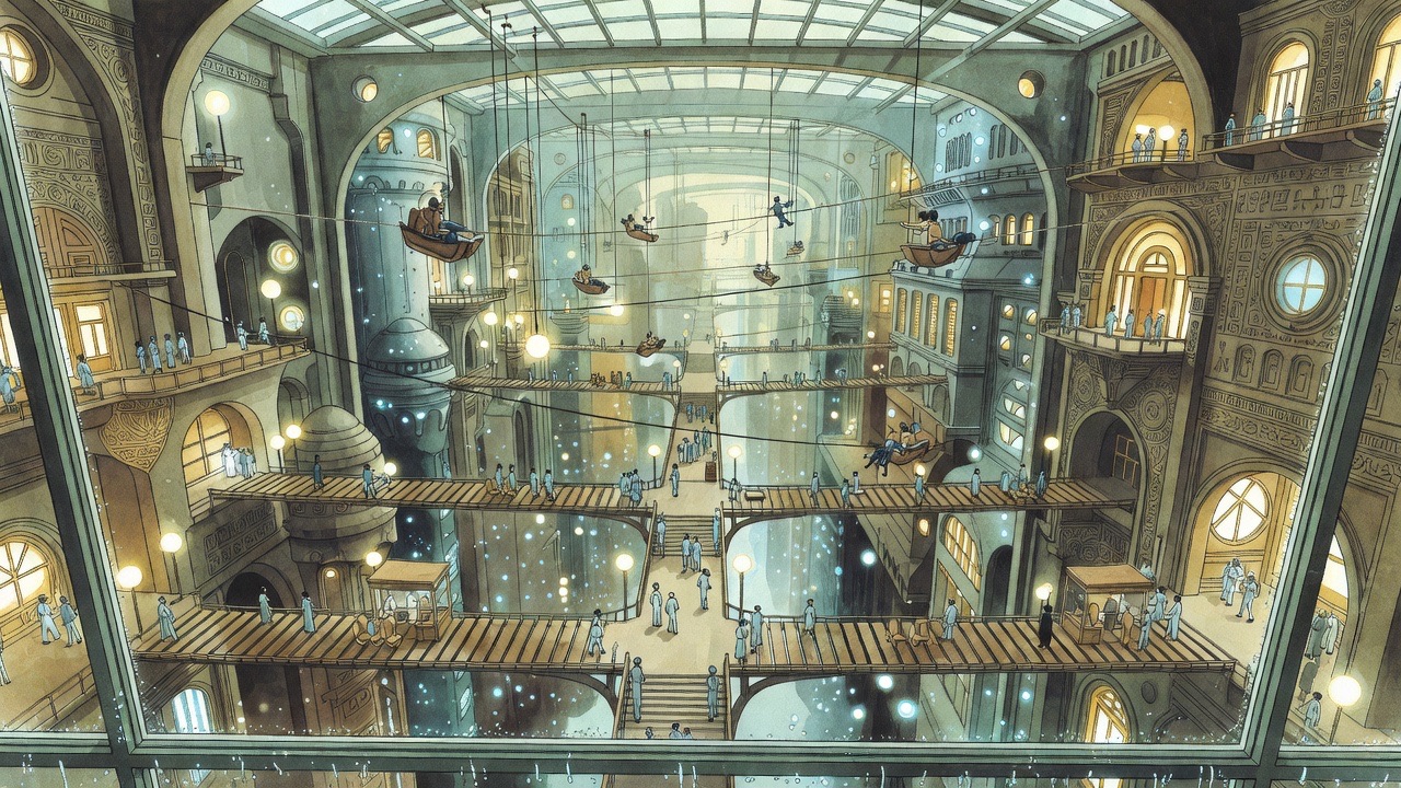 Looking straight down through glass into a vast lit canyon of moving platforms, bridges and cables full of tiny people.