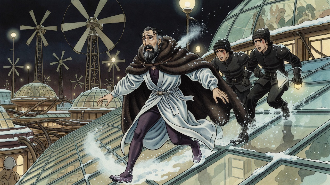Two men slide backward down a snowy glass slope amid a small avalanche of snow.
