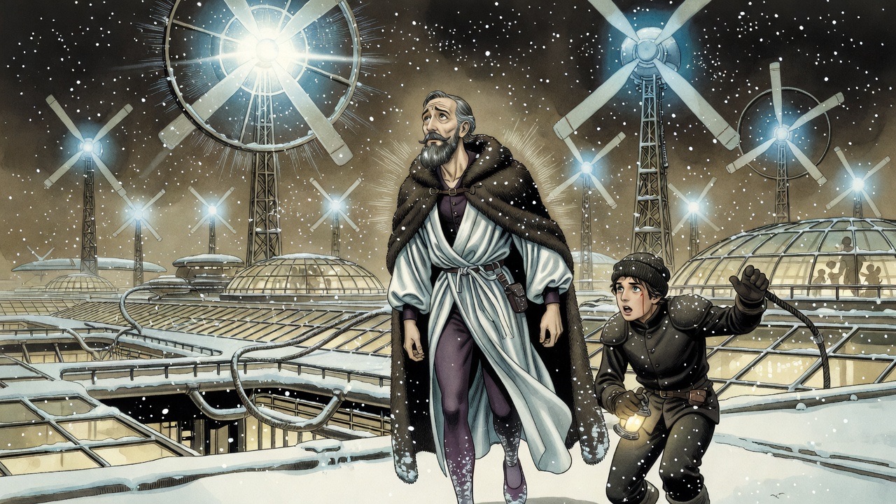 Vast masts of livid light-globes blaze atop wind-wheels in endless vistas as two tiny figures freeze on the snowy roof.