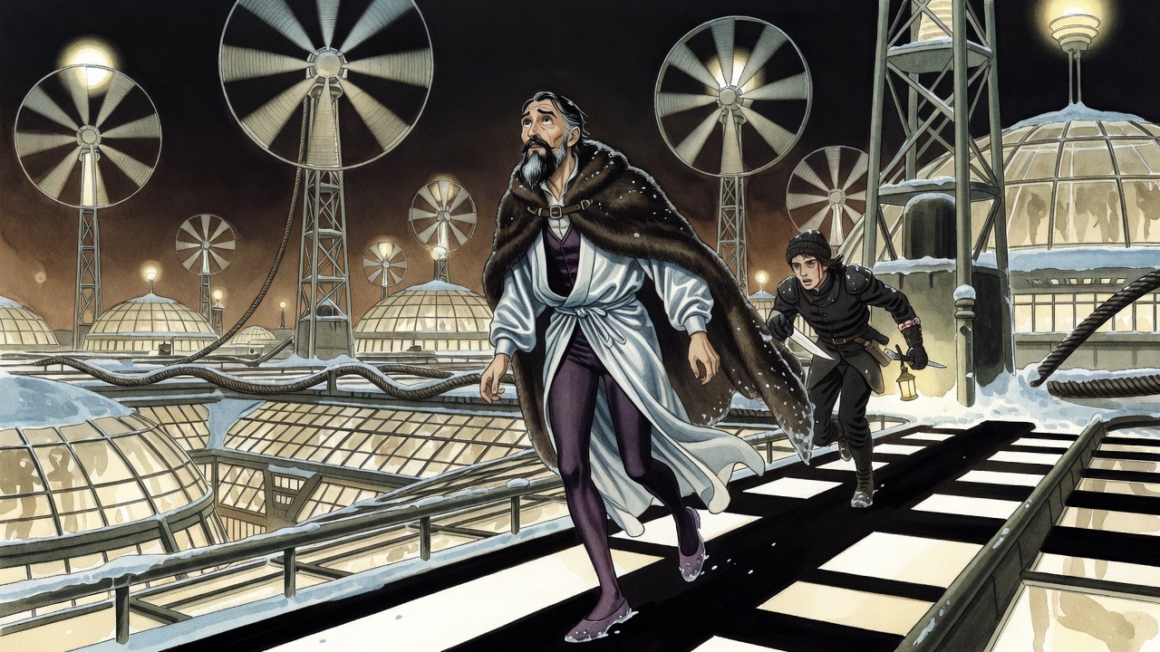 Two men run through a maze of glaring light and black moving shadow bars beneath monstrous turning wheels.