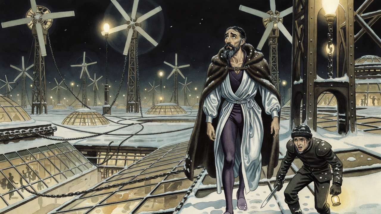 From a dark corner, two crouching men look out over a ghastly white plain of gigantic machinery and shadows.