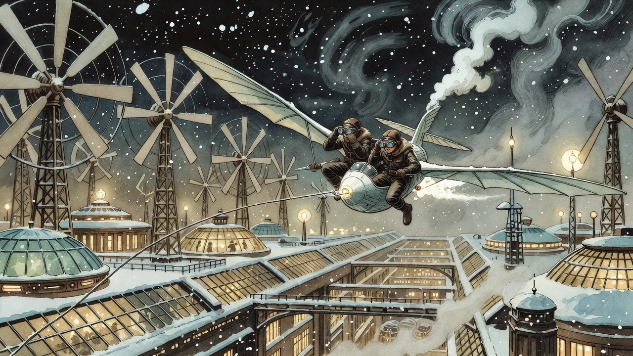 A pale winged flying machine trailing steam sweeps low through the snow, two tiny men inside searching with field glasses.