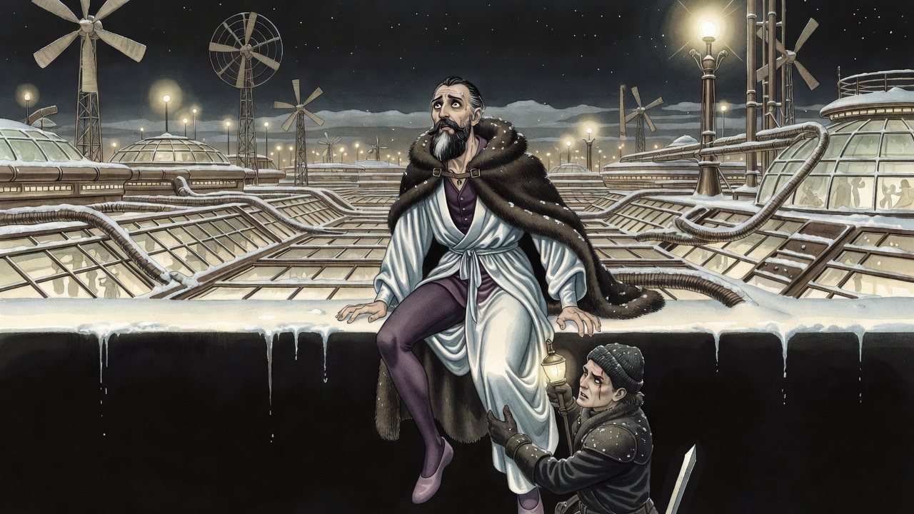 A cloaked man slides legs-first over the edge of a black chasm, a guide's hands pulling him down.