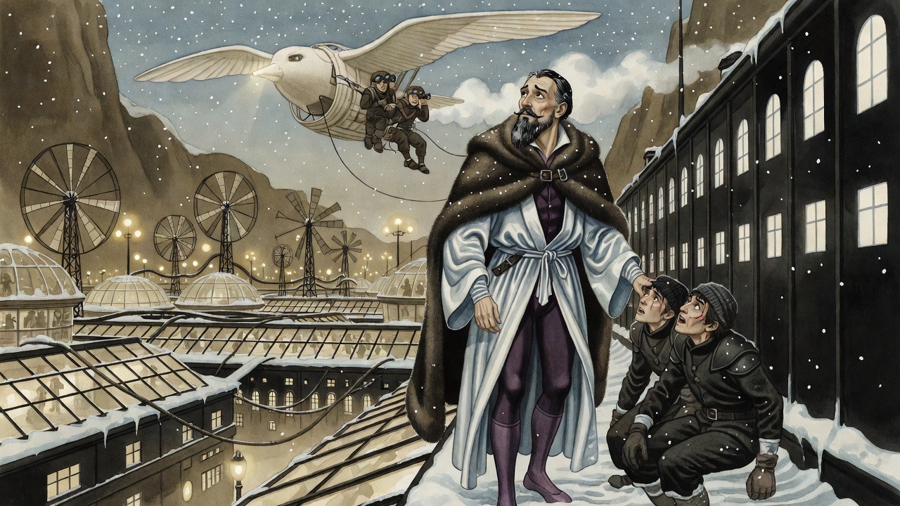 From a dark gutter below the edge of buildings, two men look up as huge wings glide across a narrow band of snowy sky.