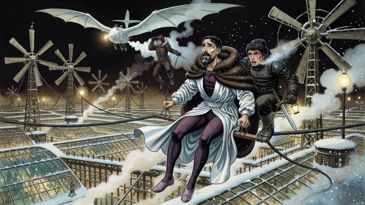 A cloaked man seated on a crossbar hurtles down a cable into darkness as a flying machine swoops overhead.