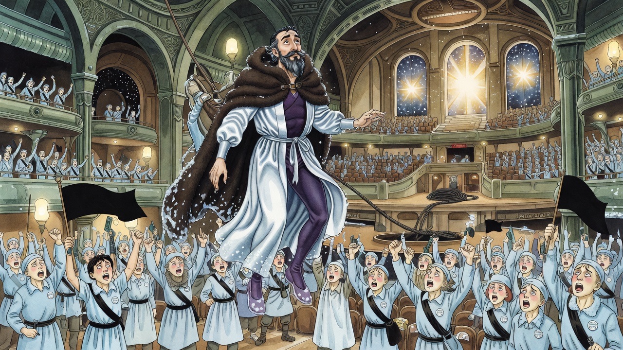 Riding a cable, a man bursts into a brightly lit hall above a roaring crowd, speeding toward a stage.