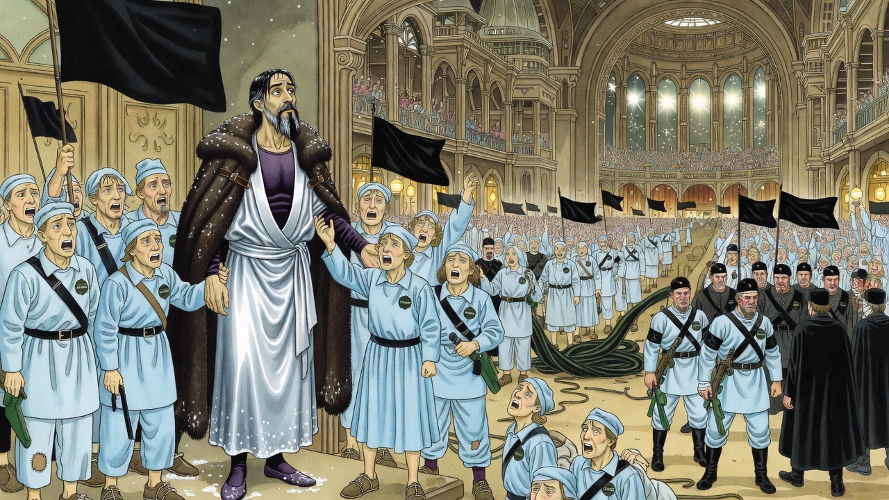 In a vast cheering hall, a bewildered man is held up in a stage alcove while a collapsed cable lies across the floor like a snake.