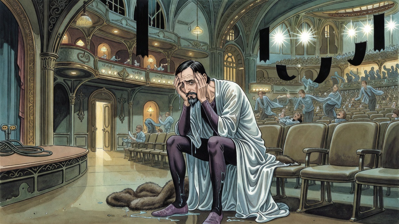 In a small side room, a bearded man sits trembling with his face buried in his hands, his purple hose black with wet.