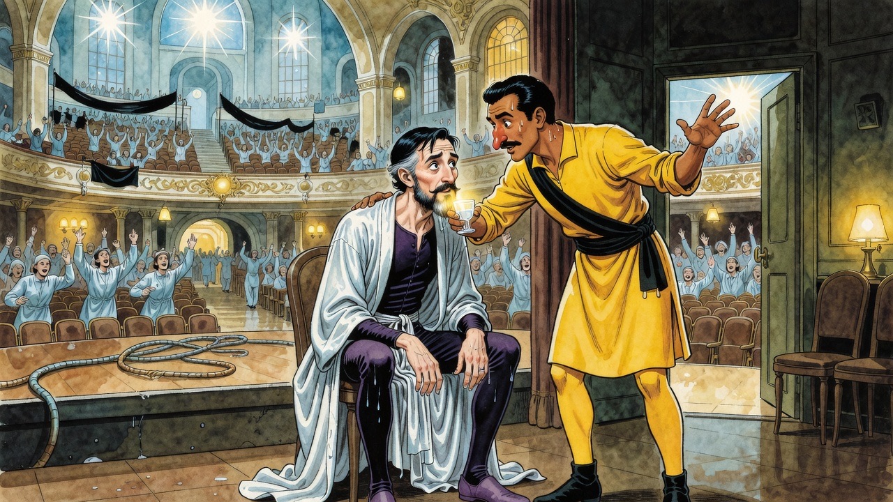 A young man in a saffron tunic offers a glass of clear liquid to a soaked, exhausted bearded man.