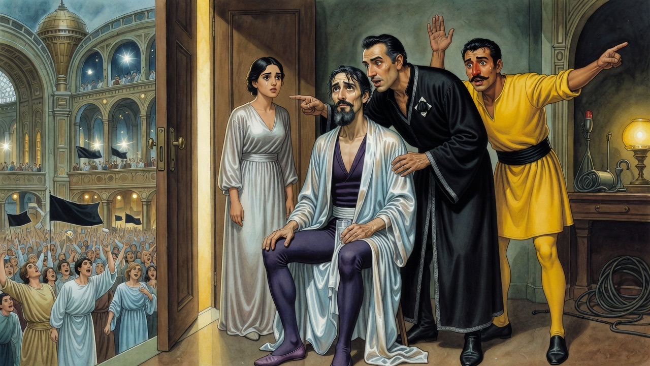 In a small room, a tall man in black points toward a door while a young woman in grey stares at the seated bearded man.