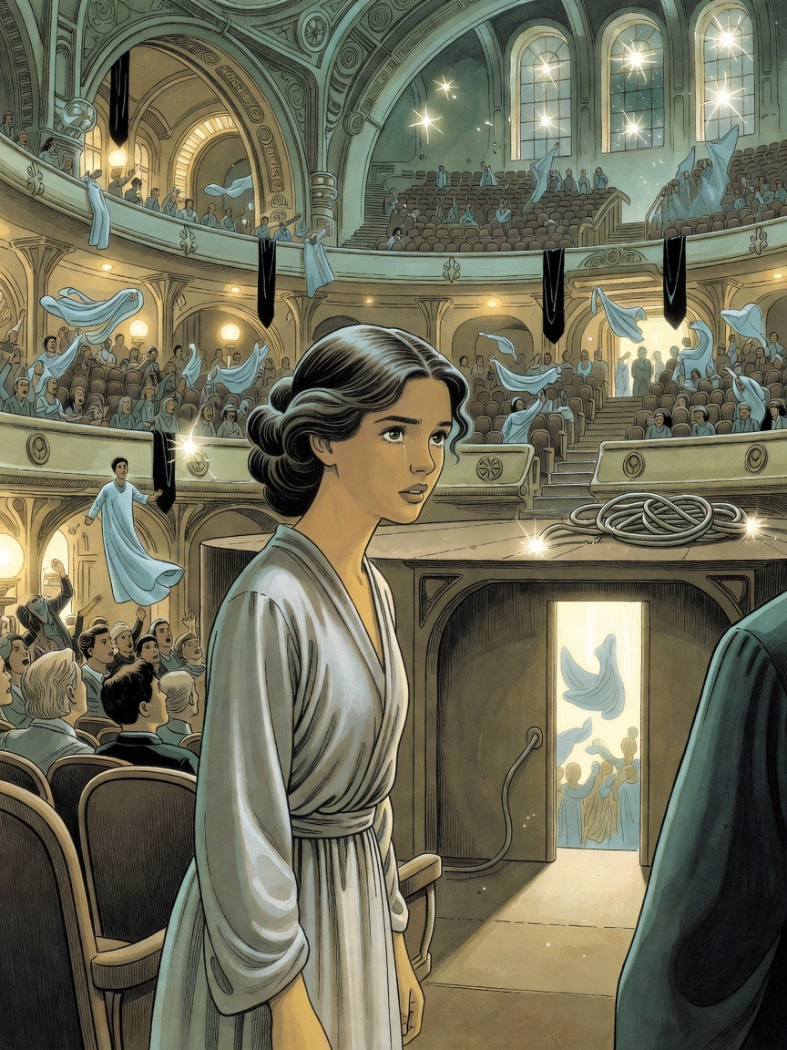 Close on a young woman in a silvery grey robe, her dark eyes wide with wonder and her lips trembling apart.