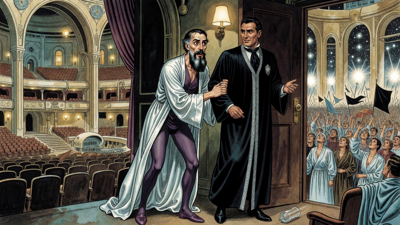 The soaked bearded man lurches up and grips the arm of the tall man in black, his eyes searching the faces around him.