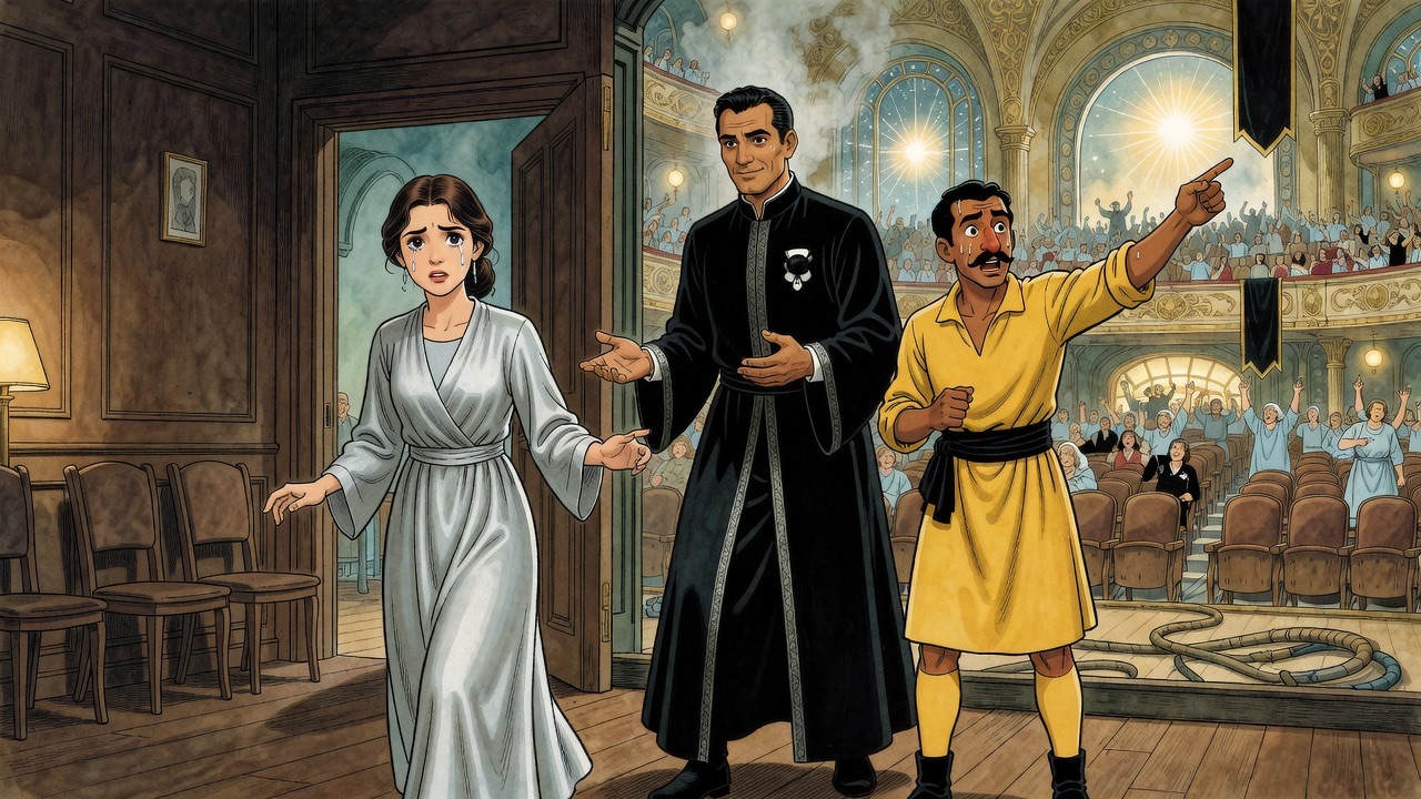 The young woman in grey turns indignantly to the tall man in black and the man in yellow.