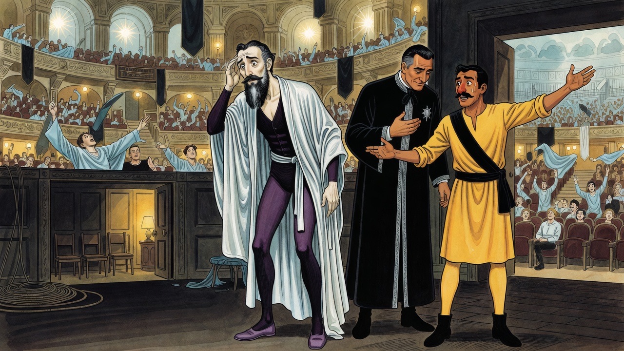The bearded man reels backward in disbelief as the others tell him who he is.