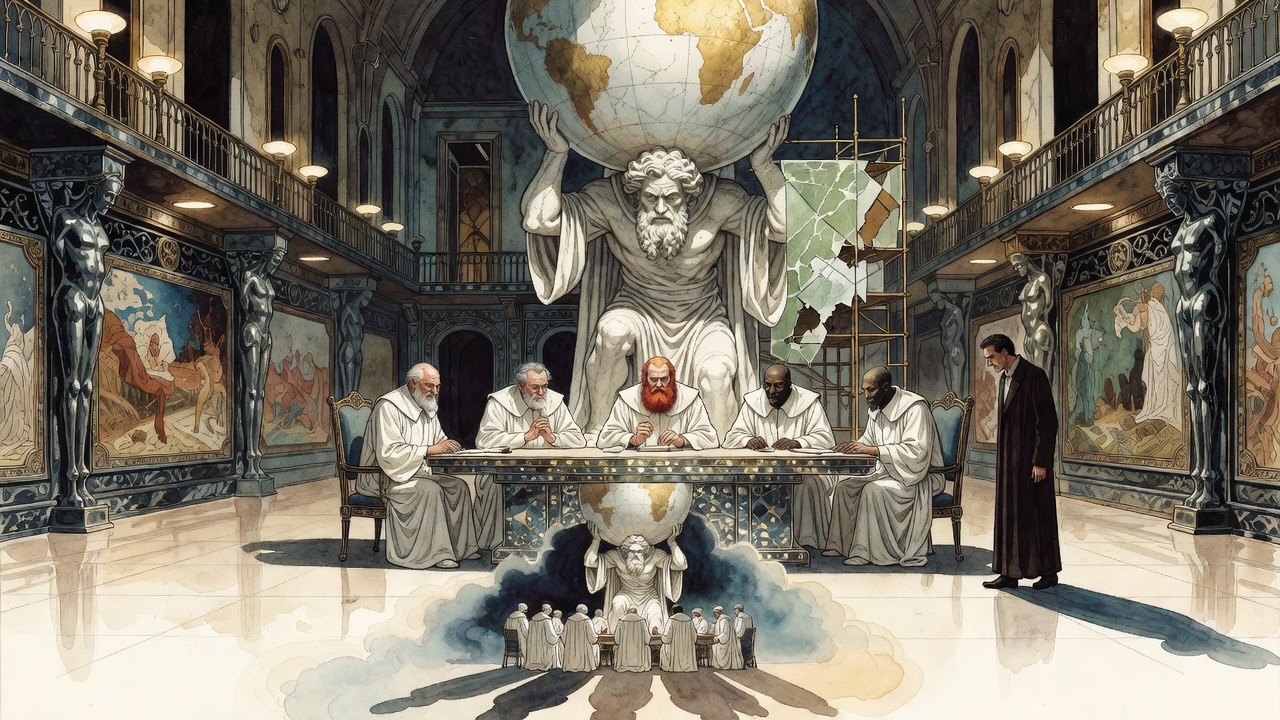 Imagined scene: a gigantic white marble Atlas bearing the globe, the White Council ruling at its feet.