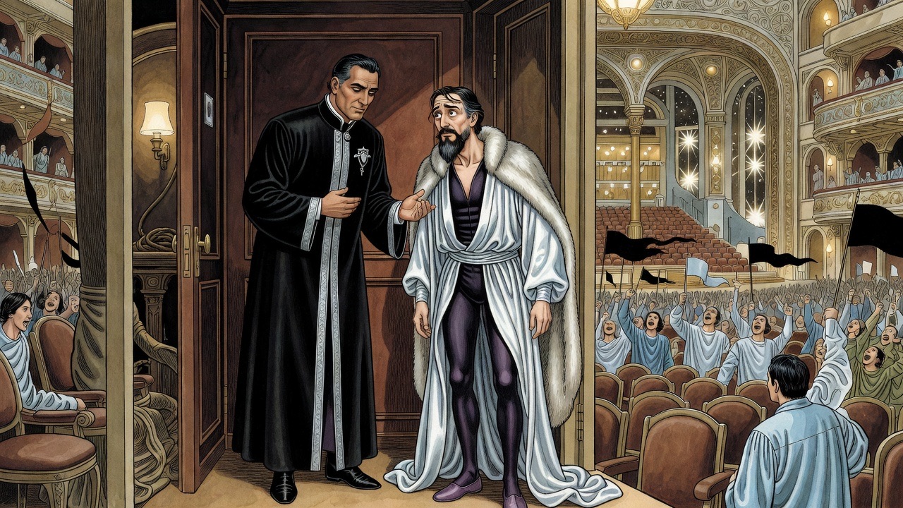 The tall man in black bows slightly with a hand on his breast as he introduces himself to the bewildered bearded man.