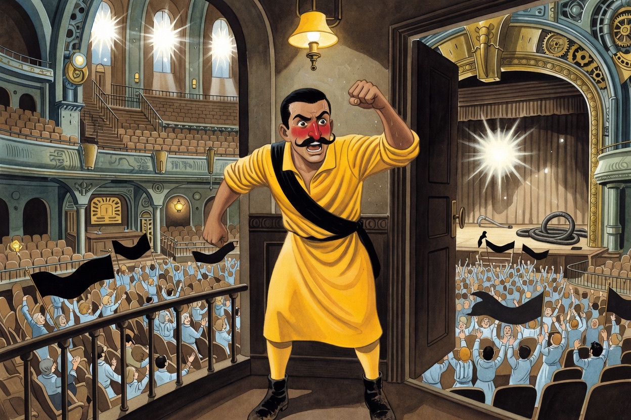 Close on the man in yellow shouting passionately, his ruddy aquiline nose and bushy moustache prominent.