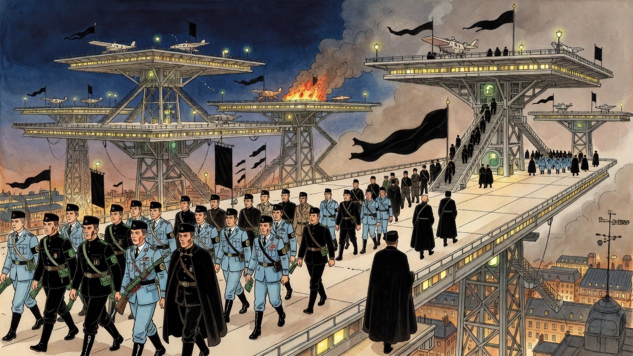 Imagined scene: black-sashed revolutionaries storm the vast deck of a flying stage high above the city at night.