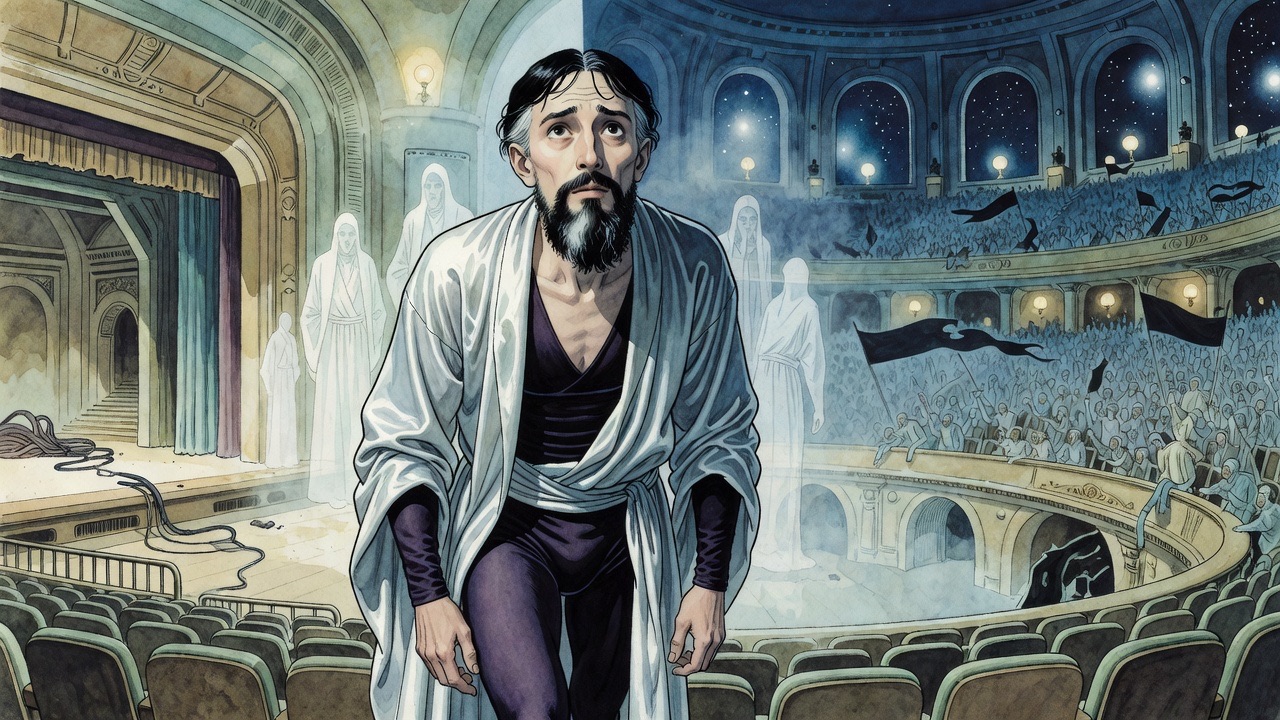 Close on the bearded man's face, half lit and half in shadow, torn between despair and wonder.