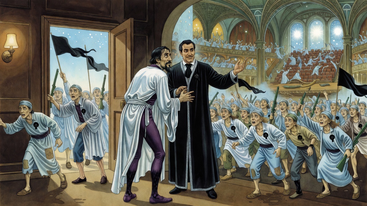 The door bursts open and a crowd of eager people pours into the small room toward the bearded man.