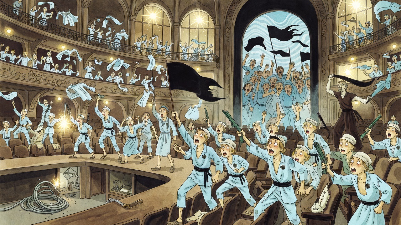 Through a tall doorway, a packed hall of waving pale blue garments and shouting faces, a gaunt man in brown rags waving a black cloth.