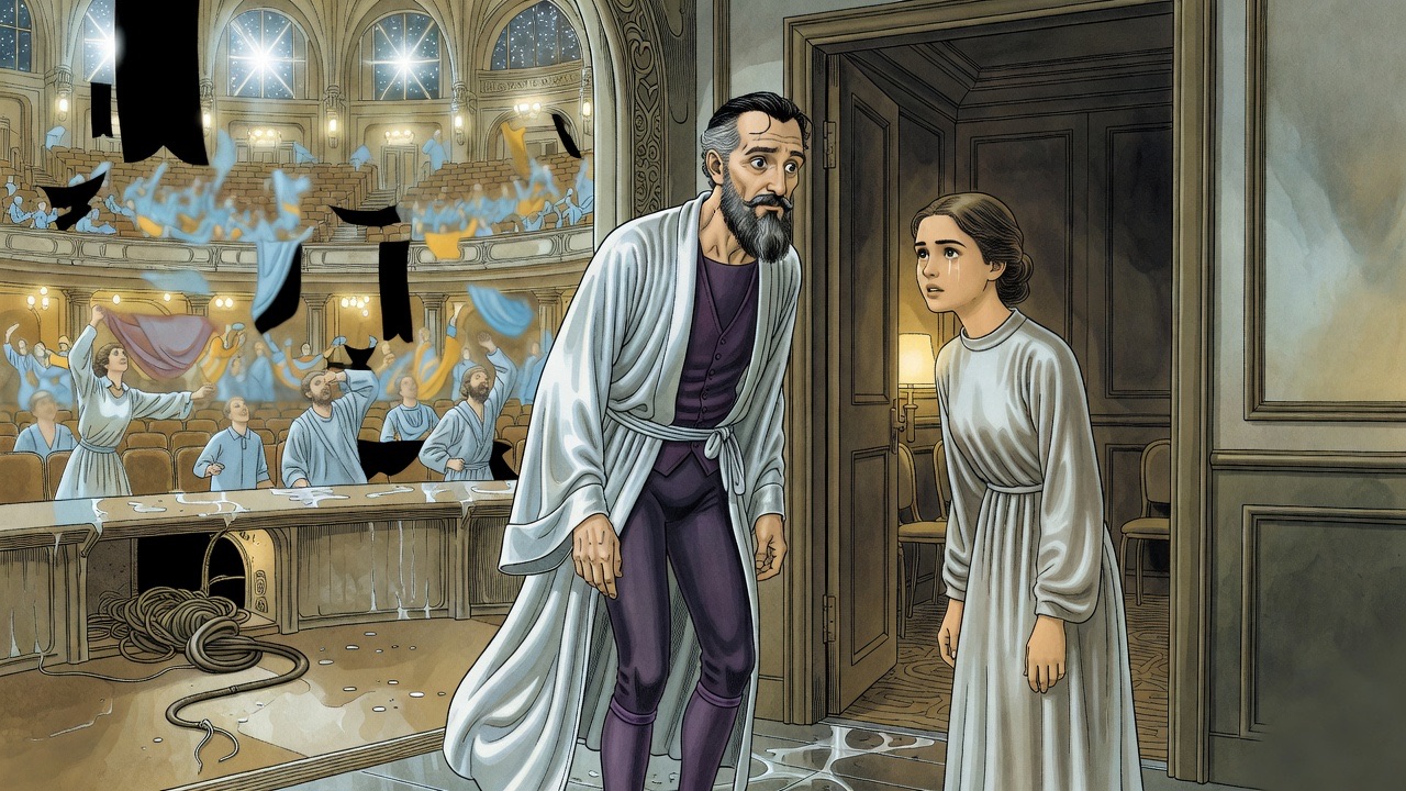 The bearded man and the young woman in grey look at each other amid the tumult.