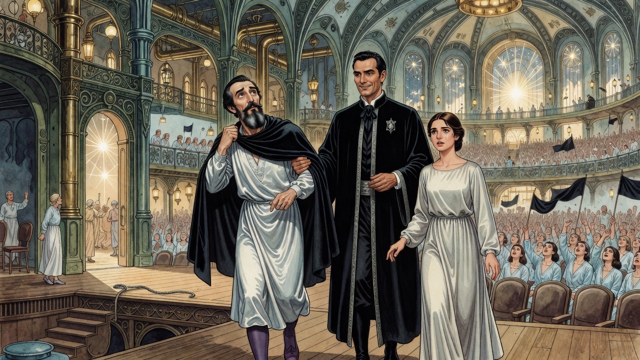 In a doorway, hands drape a black folding mantle over the bearded man's shoulders.