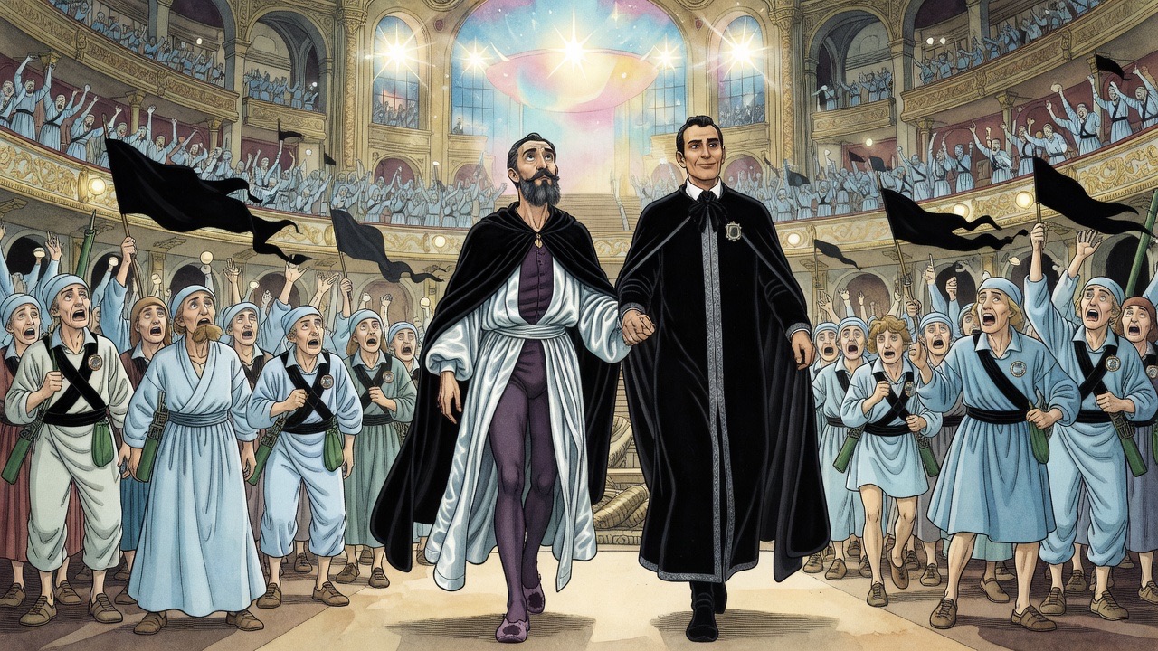 Guided by the tall man in black, the bearded man in a black mantle marches across a stage before a vast cheering crowd.