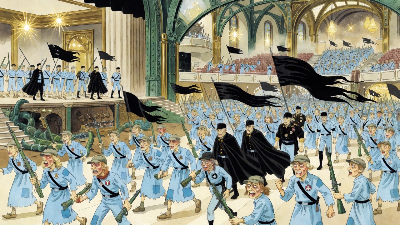 An enormous theatre of galleries, balconies and archways, packed with a swaying crowd waving green weapons.