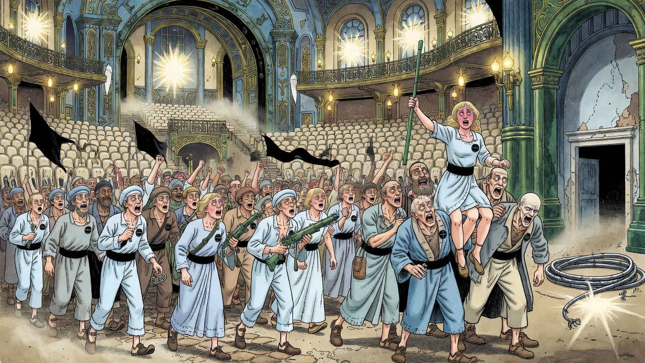 Close crowd detail: a fair woman carried aloft brandishing a green staff, an old man in blue canvas, a toothless shouting face.