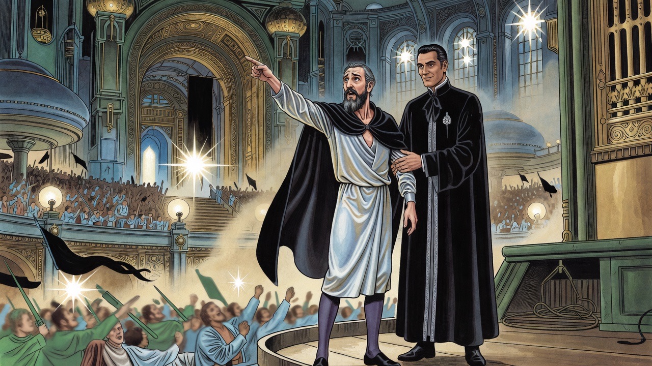 Seen from below, the bearded man in a black mantle raises his arm and points toward a great archway as the crowd marches.
