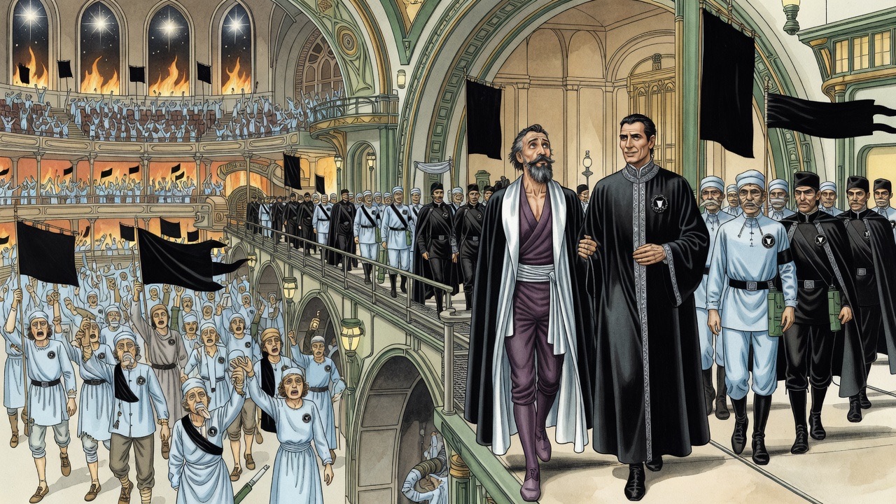 The bearded man is escorted along a railed walkway over a great archway while a torrent of marching people flows beneath.