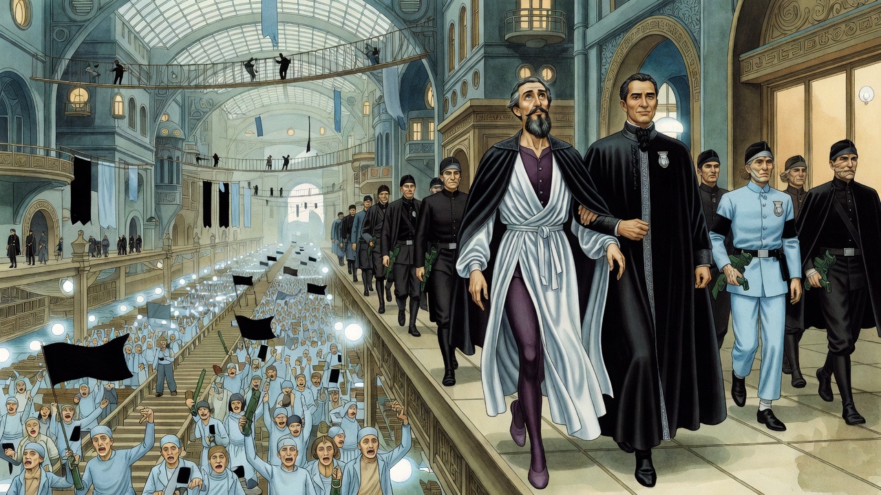 From a high gallery, a bearded man in satin and black mantle marches among black-clad guards above a canyon packed with a marching crowd.