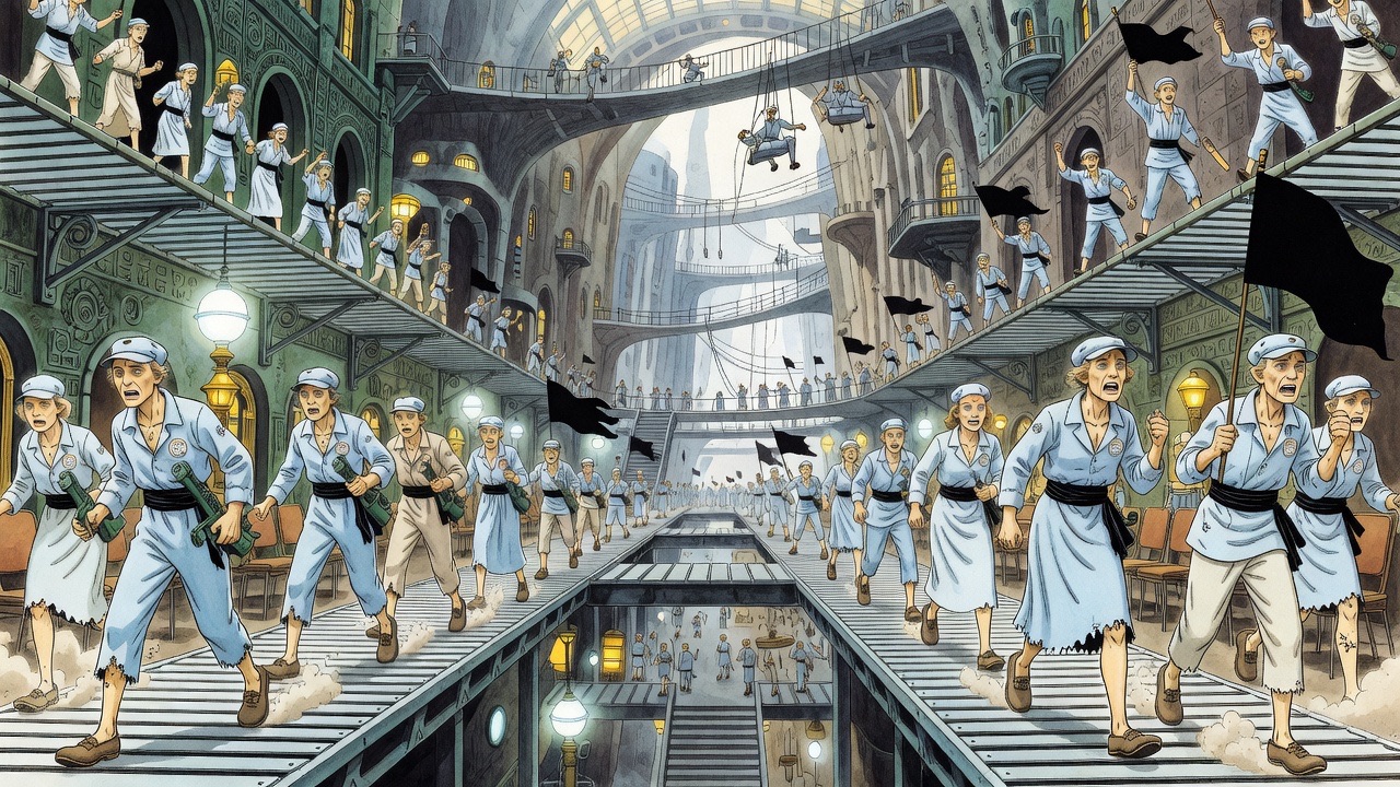Close on hundreds of rope-soled feet stamping in unison across slatted moving platforms.
