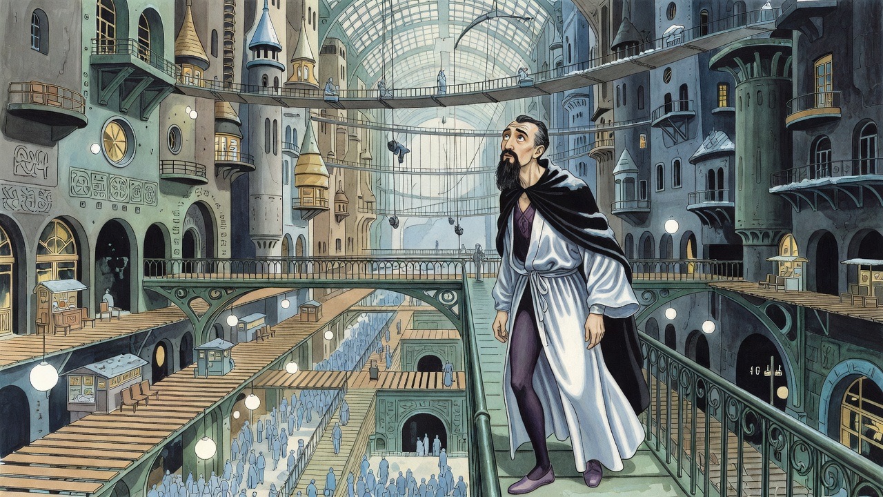 Over the man's shoulder, the opposite buildings and bridges stand strangely deserted and shadowy.