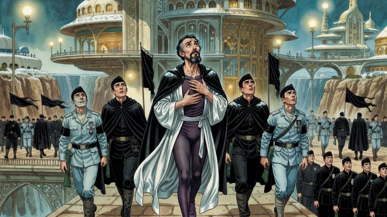 Black-clad guards halt around the bearded man, their faces anxious as they look up.