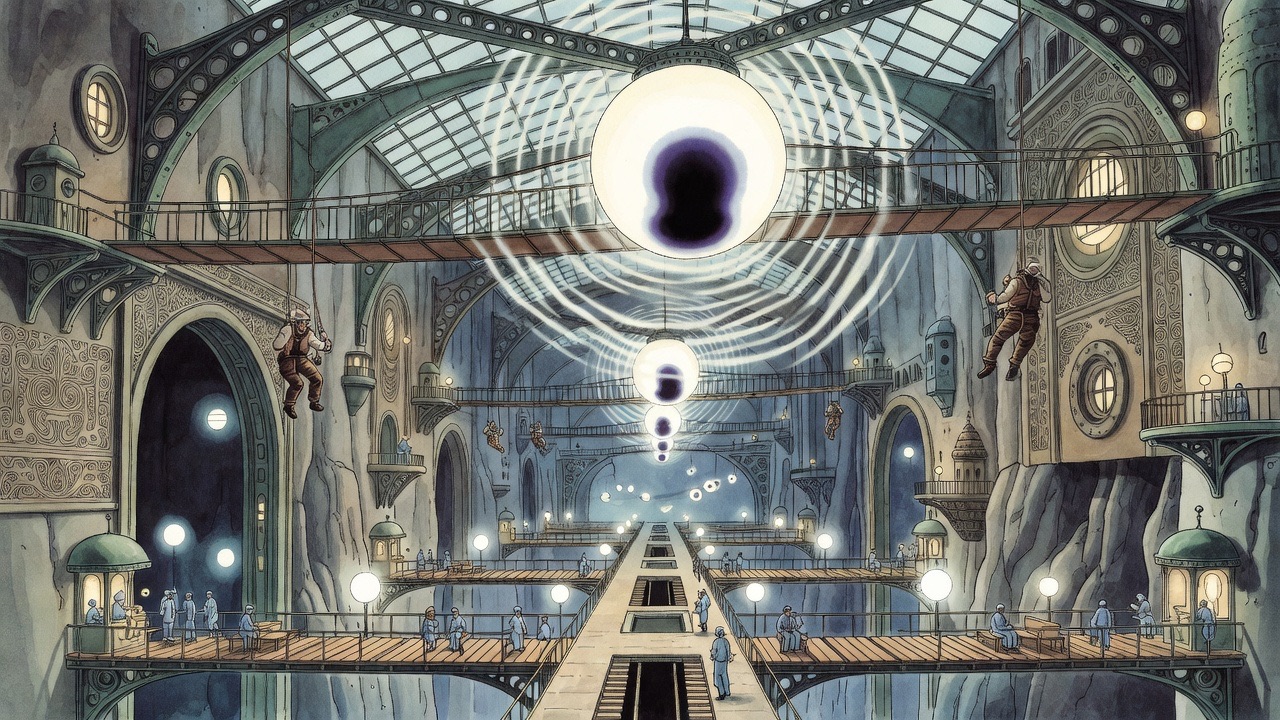 A colossal white light globe pulses between blinding glare and darkness beneath the girders.