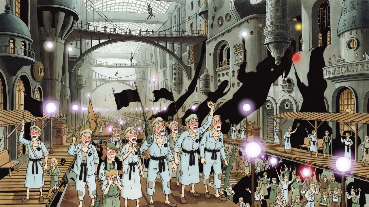 The vast crowd below dissolves into leaping shadows as the globes flicker purple and red.