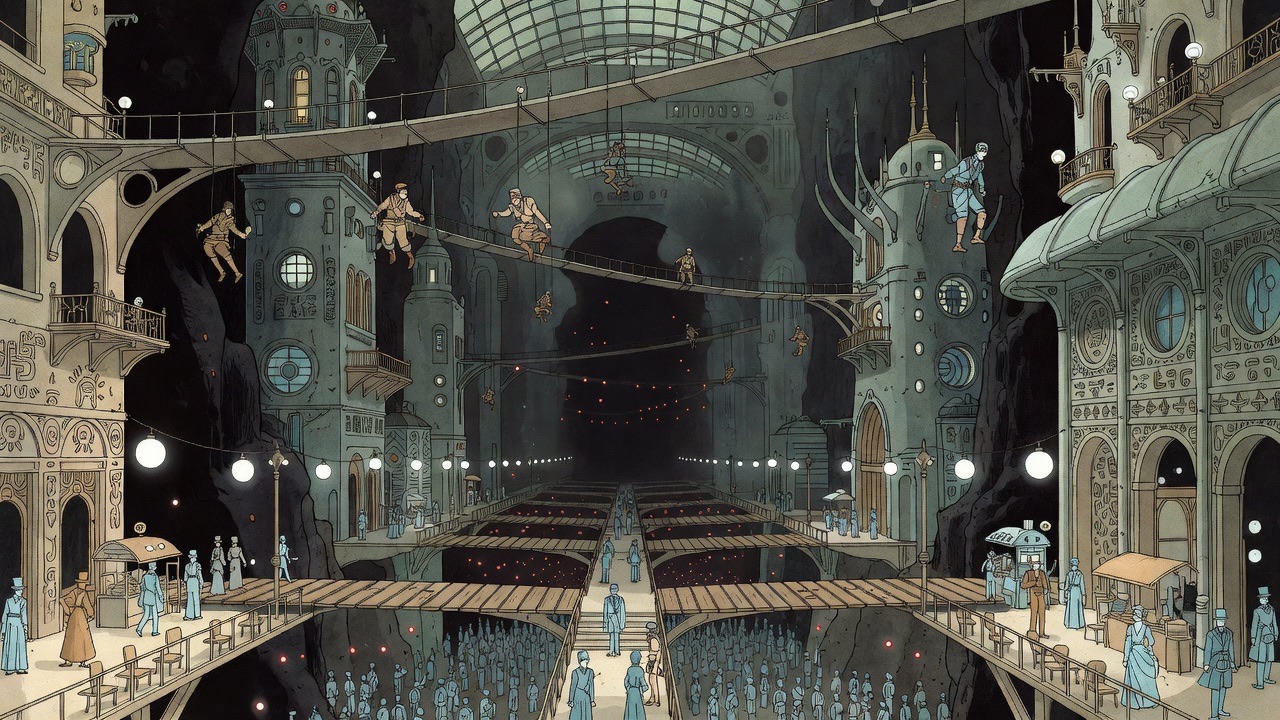 Only faint red specks of the dead lights remain above a vast black abyss full of people.